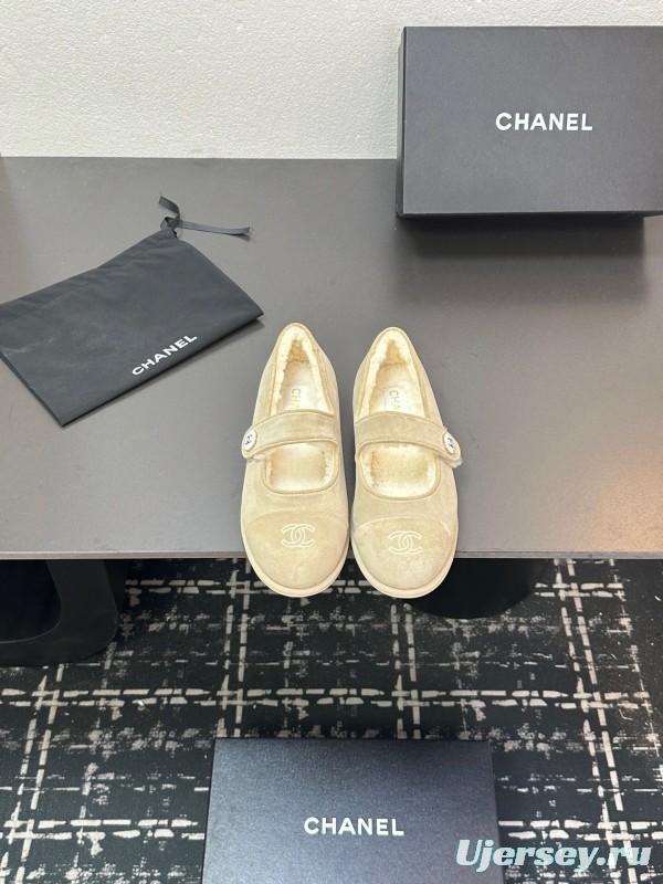Chanel 2025 SS French Mary Jane Flat Shoes with Fur Trim - KFY00300