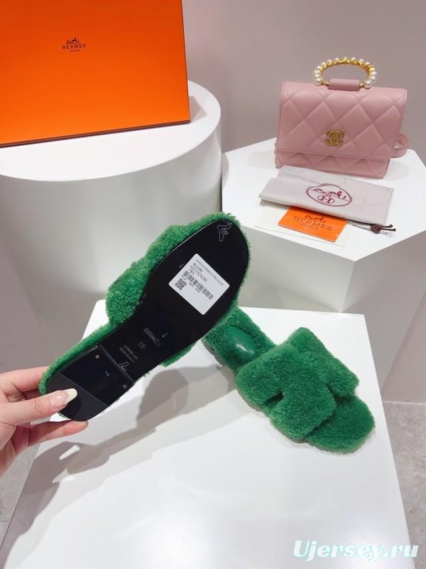 H Teddy Wool H Slippers Flat Sole Fur Slippers - LY00240