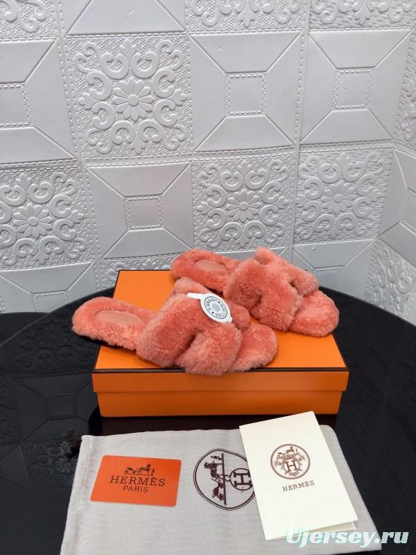 H Teddy Wool H Slippers Flat Sole Winter Home Shoes - LY00240