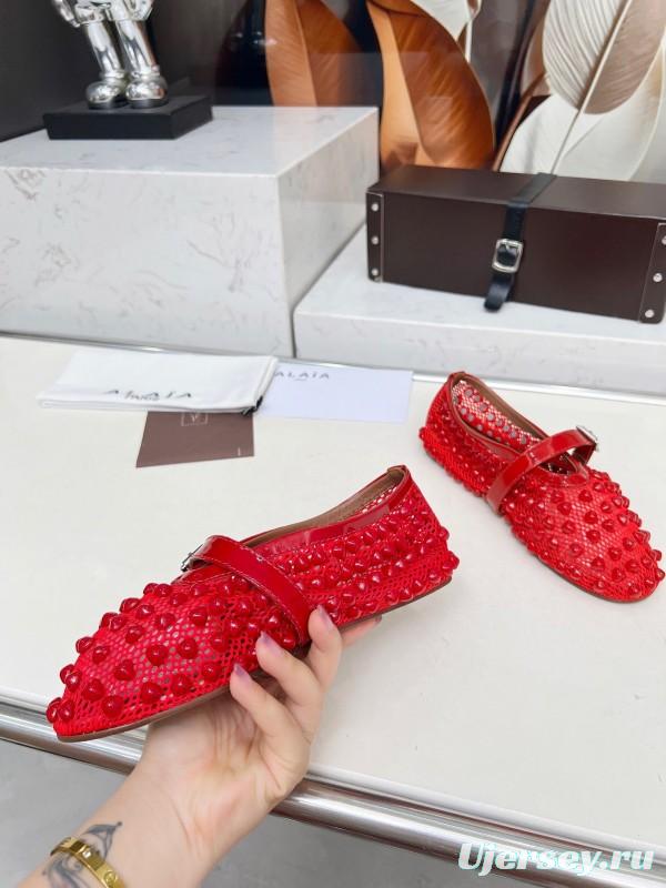 Alaia 2025/SS Beaded Openwork Ballet Dance Shoes with Mixed Lamb Leather Insole and 0.8CM Inner Height - LY00280