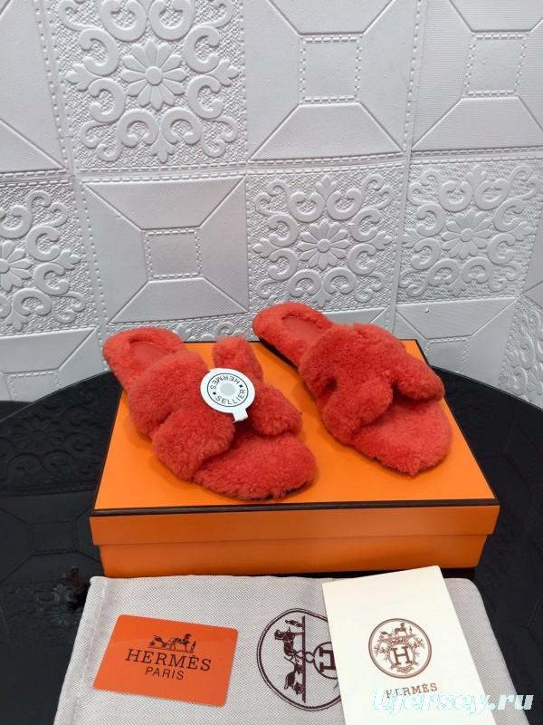 H Teddy Wool H Slippers Flat Sole Fur Slides - LY00240