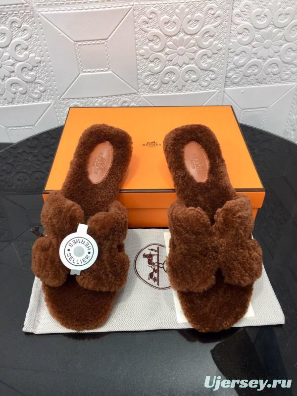 H Teddy Wool H Slippers Flat Sole Winter Fur Slippers - LY00240
