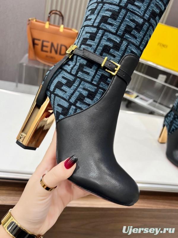 FENDI Delfina Round Toe Boots with FF Buckle and Heel Detail - LY00