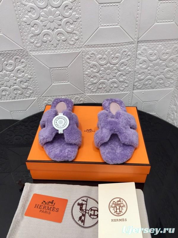 H Eiderdown Teddy Wool H Slippers Flat Sole Fur Slides - LY00240