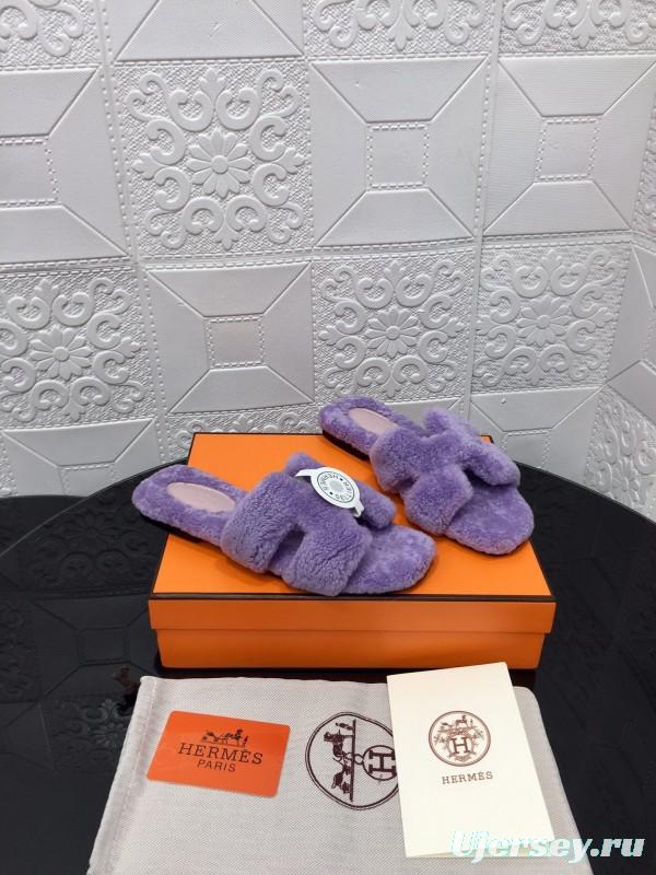 H Eiderdown Teddy Wool H Slippers Flat Sole Fur Slides - LY00240