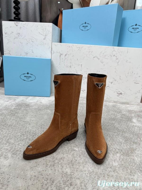 Prada Classic Triangle Logo Pointed Toe Boots - LY00350