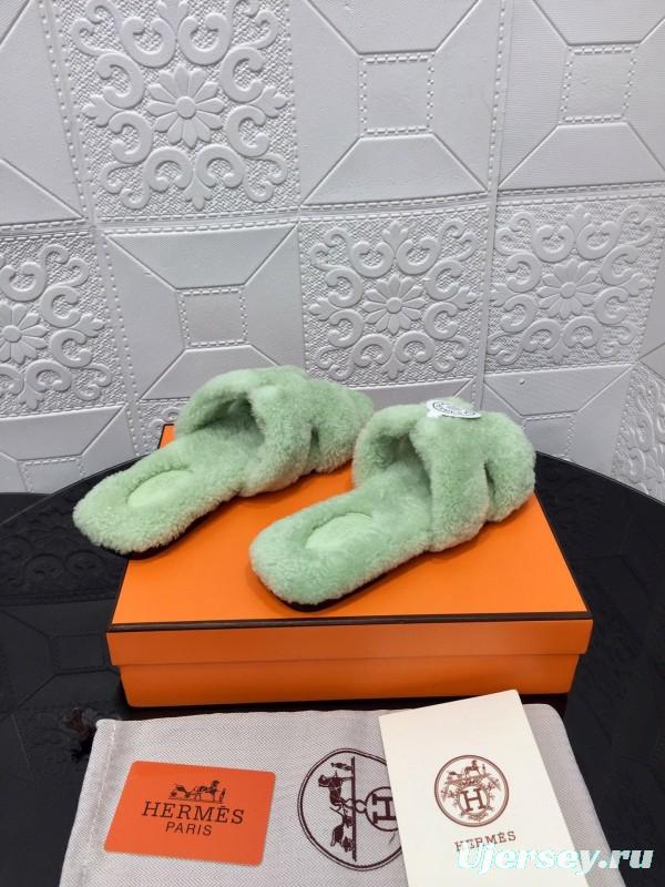 H Eiderdown Teddy Wool H-Logo Slippers Flat Sole Winter Home Shoes - LY00240