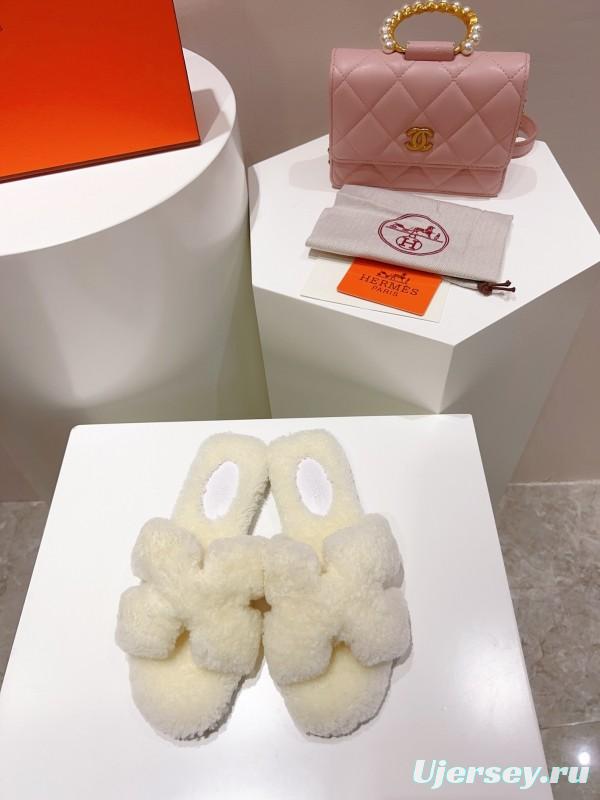 Hermes Teddy Wool H Slippers Flat Fur Slides - LY00240