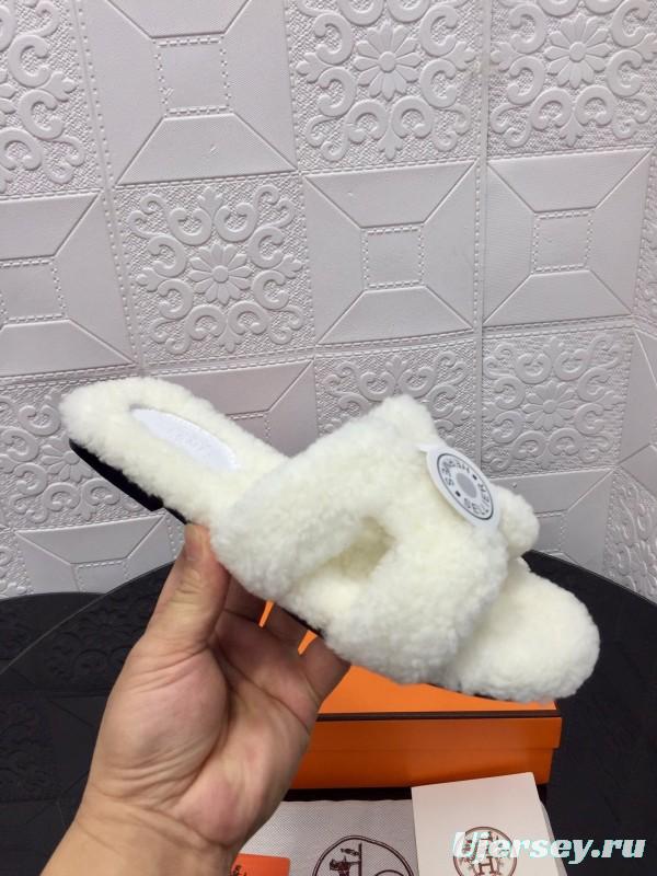 H Teddy Wool H Slippers Flat Sole Fur Slides - LY00240