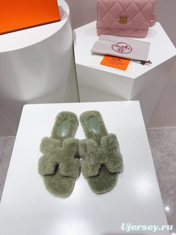 H Teddy Wool H Slippers Flat Sole Fur Slippers for Autumn Winter - LY00240