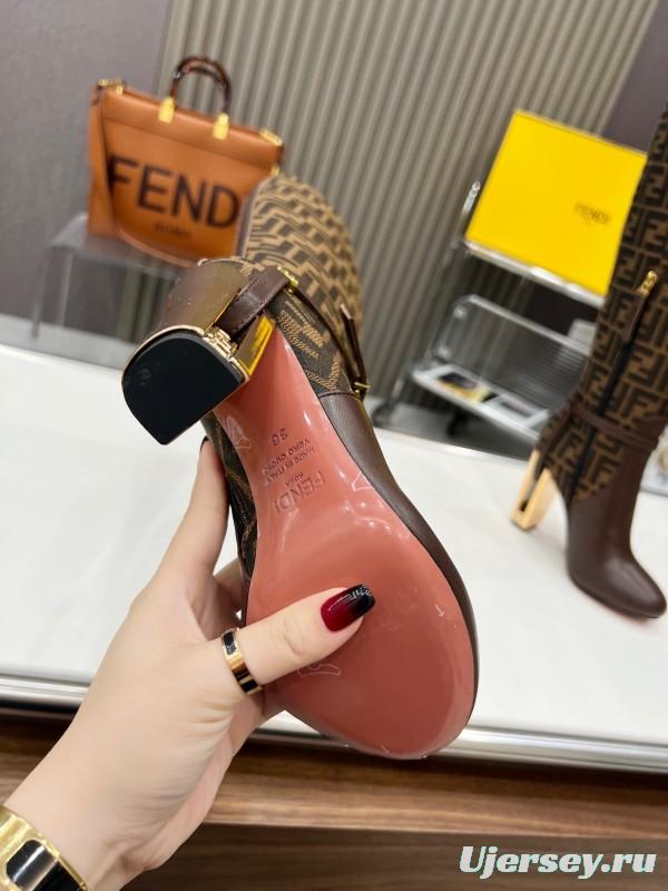 FENDI Delfina Round Toe Boots with FF Buckle and Heel Detailing - LY00