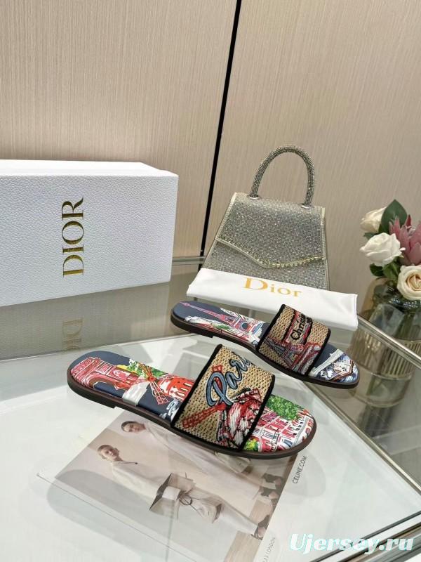 Dior 2025/SS Embroidered Monogram Slippers with Lambskin Lining - LY00200