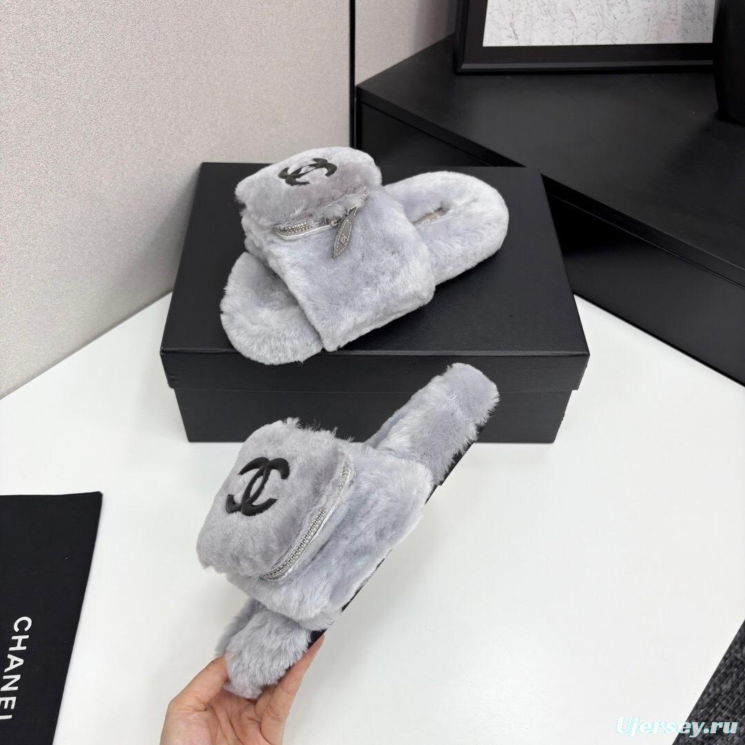 Chanel Fluffy Slippers Latest Color Design with Rubber Sole - LY00270