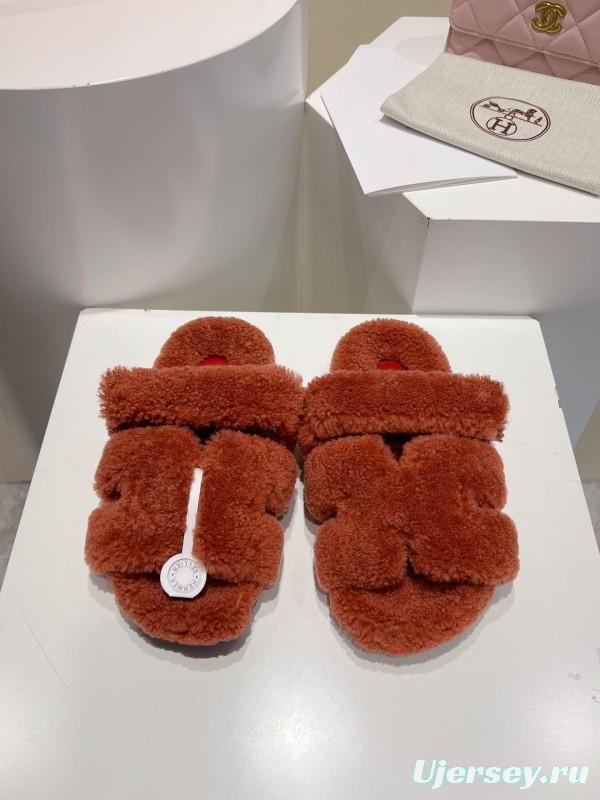 H Love Erjiu Full Wool Slippers with Slightly Curled Fur - LY00270