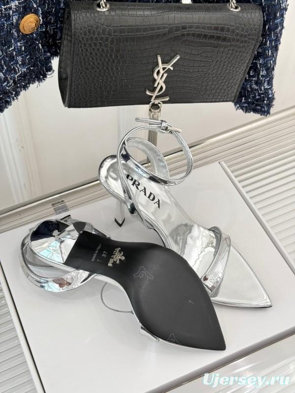 Prada 2025 SS Pointed Toe High Heel Sandals with Triangle Buckle - KFY00280