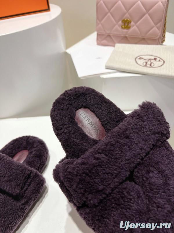 H Love Erjiu Full Wool Slippers with Slightly Curled Fur - LY00270