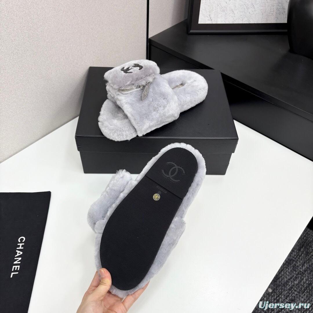 Chanel Fluffy Slippers Latest Color Design with Rubber Sole - LY00270