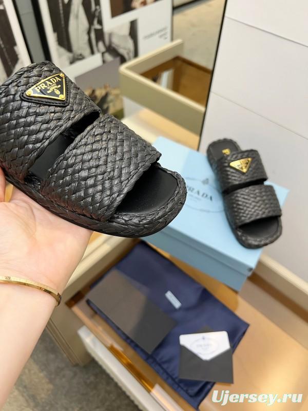 Prada 2025 SS Raffia Handwoven Open-Toe Sandals - KFY00260