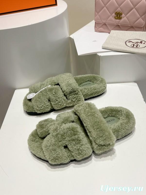 H Love Erjiu Full Wool Slippers with Slightly Curled Fur - LY00270