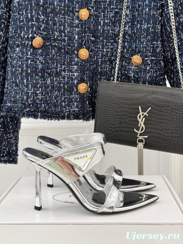 Prada Pointed Toe High Heel Sandals with Triangle Buckle - KFY00280