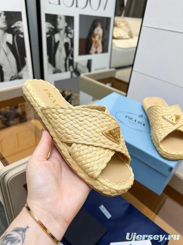 Prada Raffia Handwoven Cross Sandals 2025SS - KFY00260