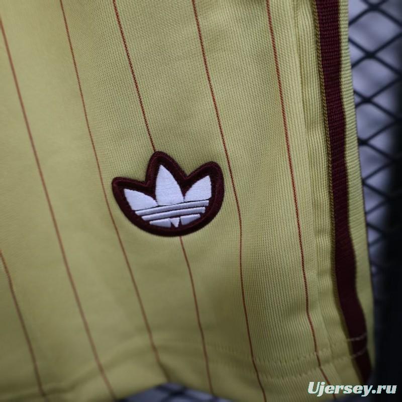 Player Version 25/26 Arsenal Yellow with Burgundy Side Stripes and Pinstripes Shorts
