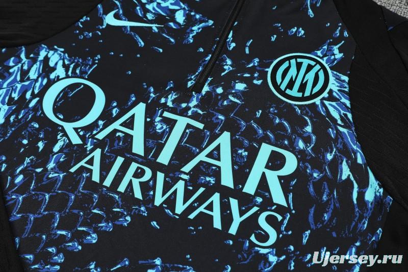 Player Version 25/26 Inter Milan Black with Blue Water Splash Pattern Half Zipper Jacket Tracksuit +Long Pants