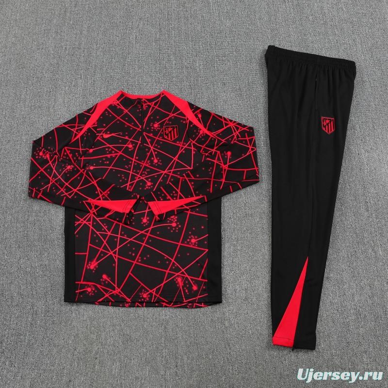 25/26 Atletico Madrid Black with Red Geometric Lines Pattern Half Zipper Jacket Tracksuit +Long Pants