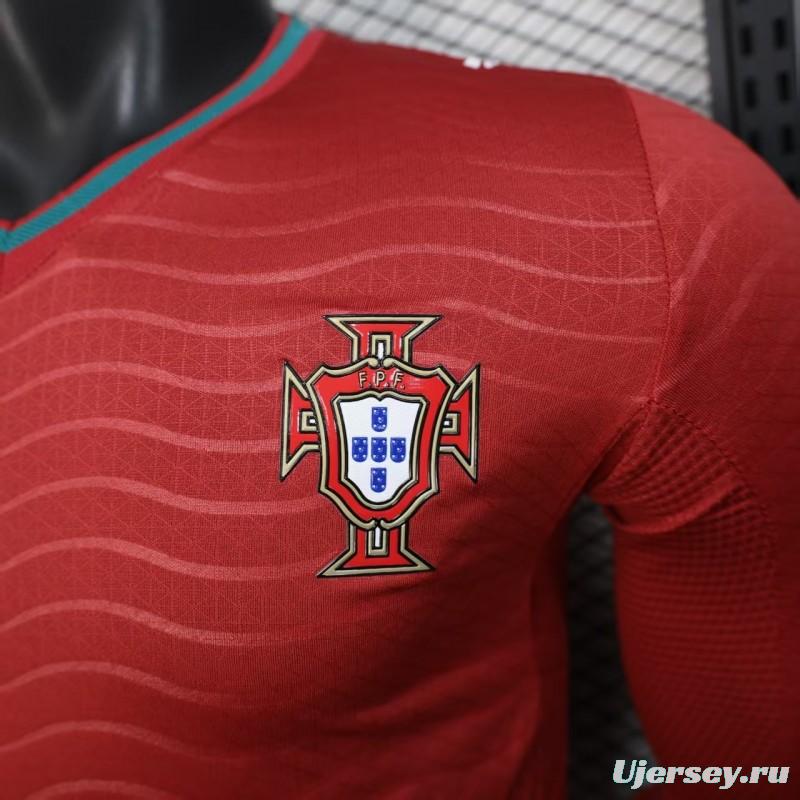 Player Version 2026 Portugal Home Long Sleeve Red with Horizontal Wave Pattern Jersey