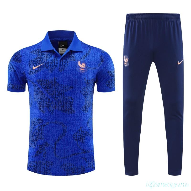 26/27  France  Blue Polo Training Shirt + Long Pants Tracksuit