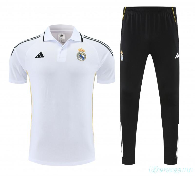26/27 Real Madrid White Polo Training Shirt + Black Long Pants Tracksuit