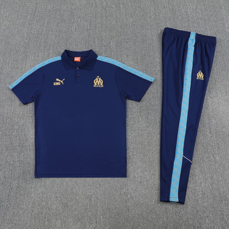 26/27  Marseille Navy Blue  Polo Training Shirt + Long Pants Tracksuit