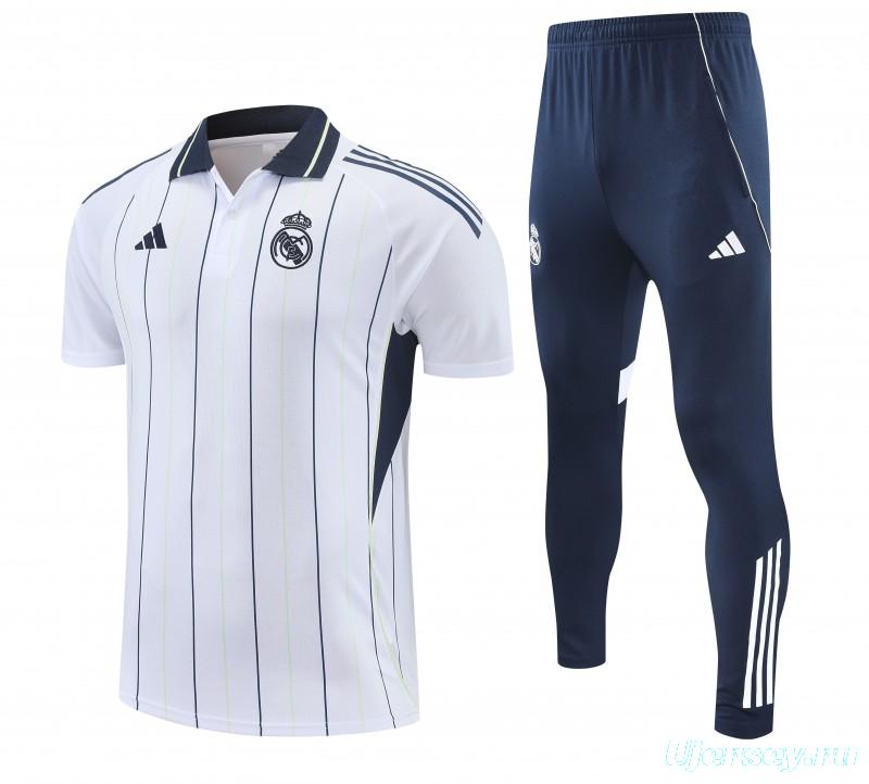 26/27   Real Madrid White Stripes Polo Training Shirt + Long Pants Tracksuit
