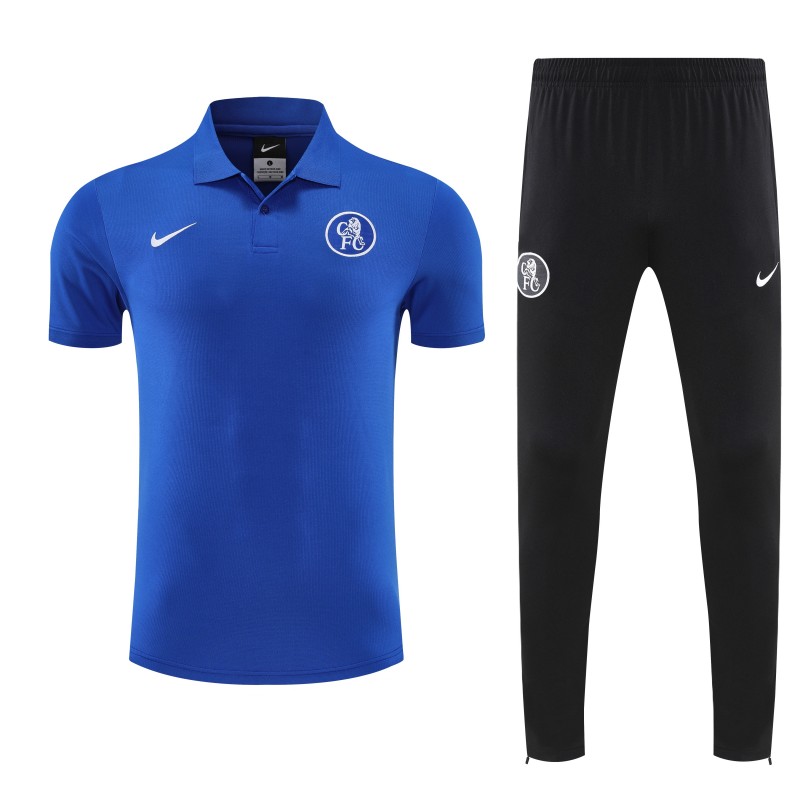 26/27  Chelsea Blue Polo Training Shirt + Black  Long Pants Tracksuit