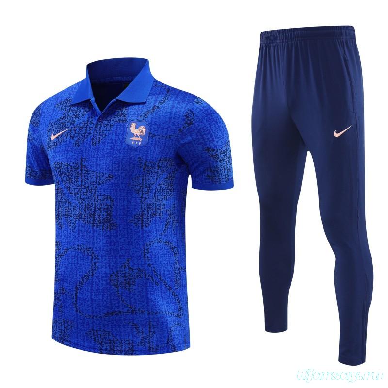 26/27  France  Blue Polo Training Shirt + Long Pants Tracksuit