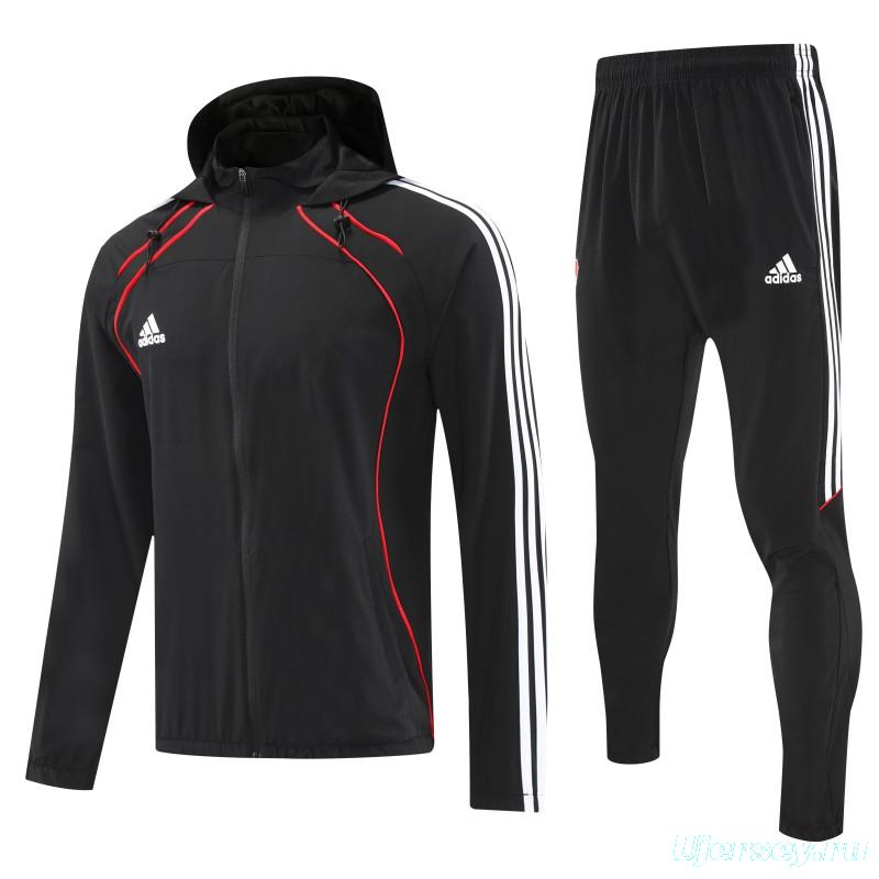 26/27 Adidas Black With Red logo Full Zipper Hooded Jacket Tracksuit + Long Pants
