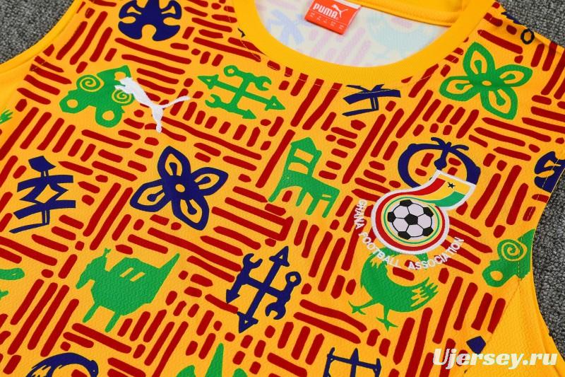 25/26 Ghana Yellow Adinkra Symbol Print Sleeveless Training Suit + Shorts