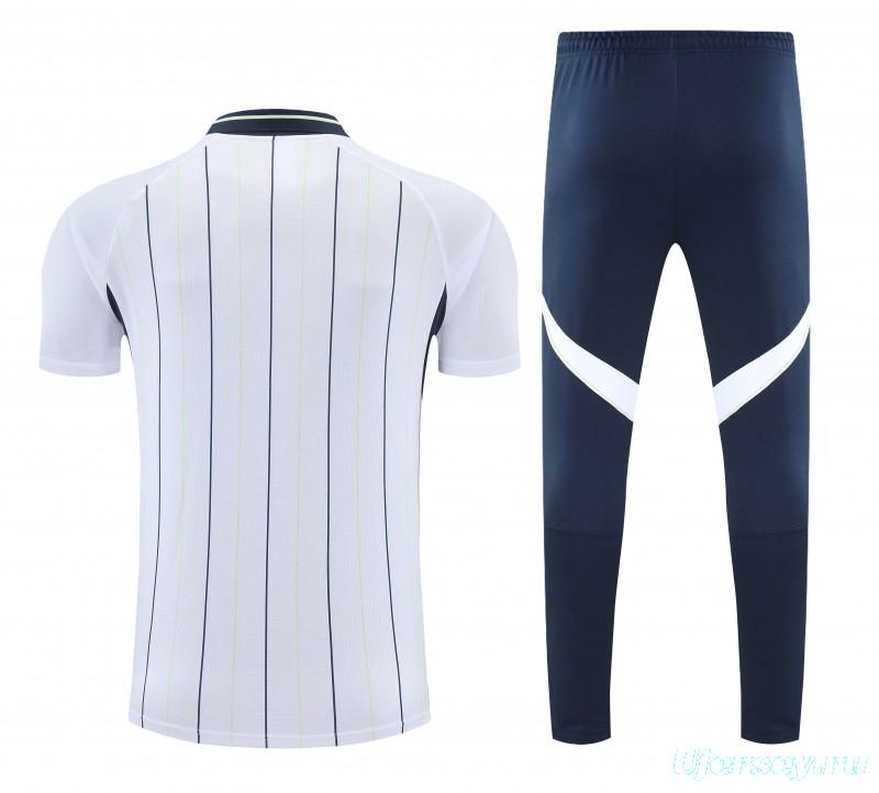 26/27   Real Madrid White Stripes Polo Training Shirt + Long Pants Tracksuit