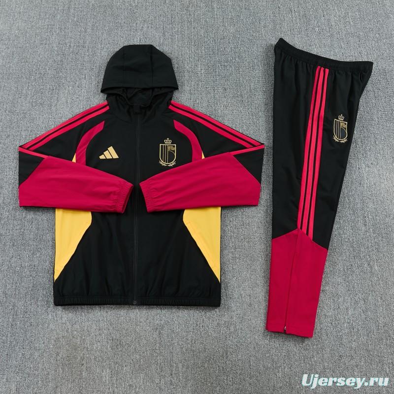 26/27 Belgium  Black Full Zipper Hooded Jacket Tracksuit + Long Pants