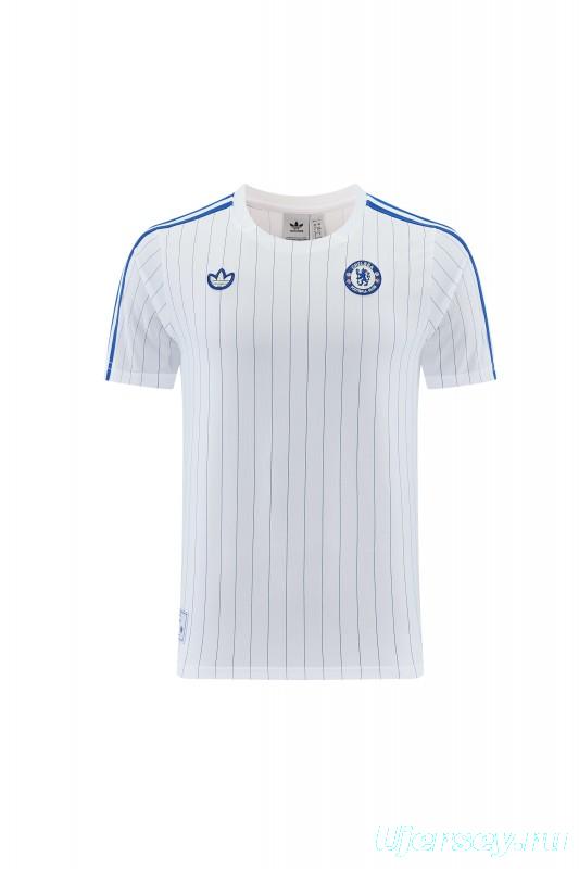26/27 Chelsea FC White Stripes Short Sleeve+Blue Soccer Shorts