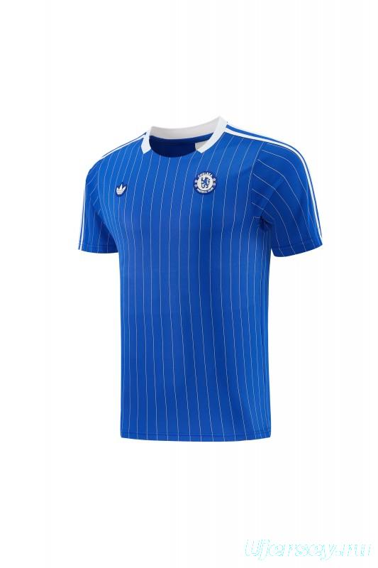 26/27 Chelsea FC  Blue  Stripes Short Sleeve+ White Soccer Shorts