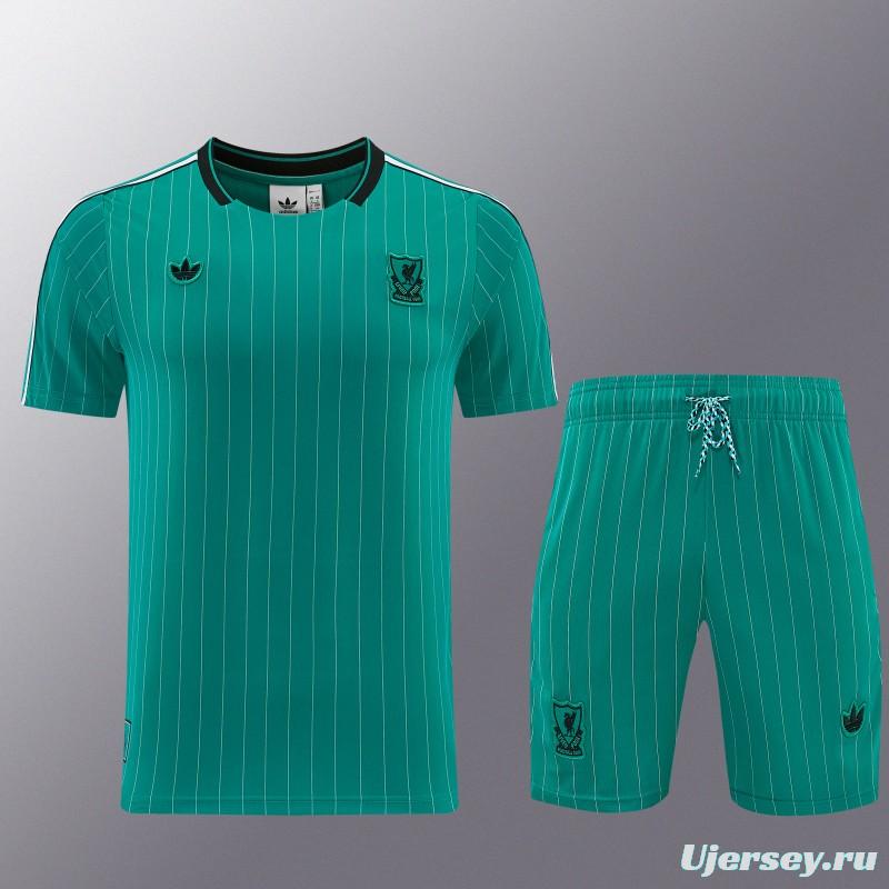 26/27 Liverpool   Green Pinstripe  Short Sleeve+Soccer Shorts