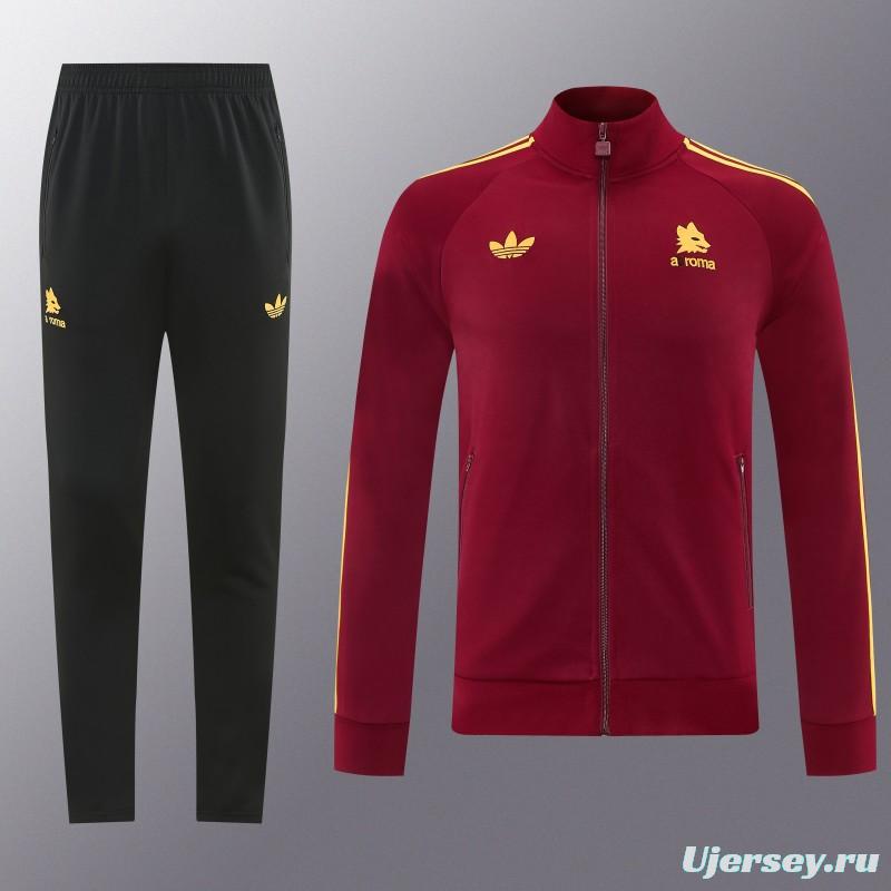 2026/27 AS Roma Burgundy & Gold Full Zipper Jacket Tracksuit +Black  Long Pants