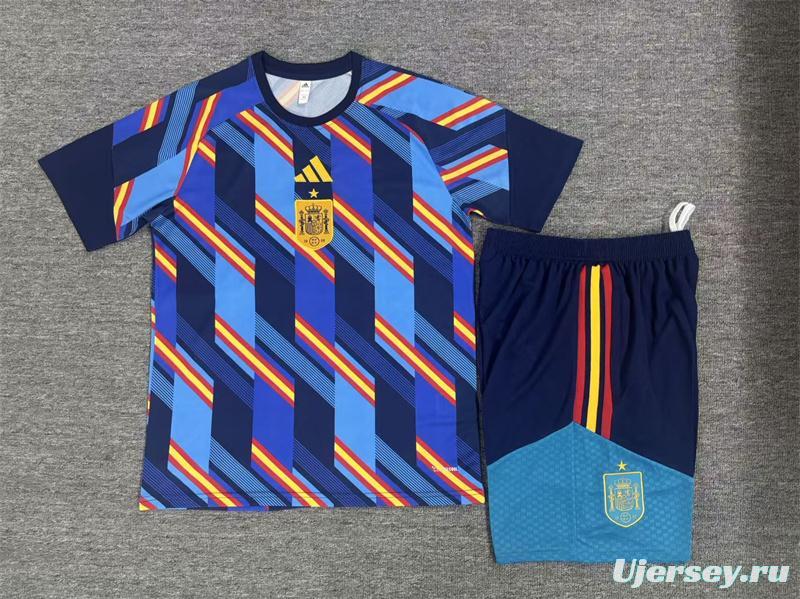 2026 Kids Spain Navy Blue Multi-Color Diagonal Stripe Short Sleeve+Soccer Shorts
