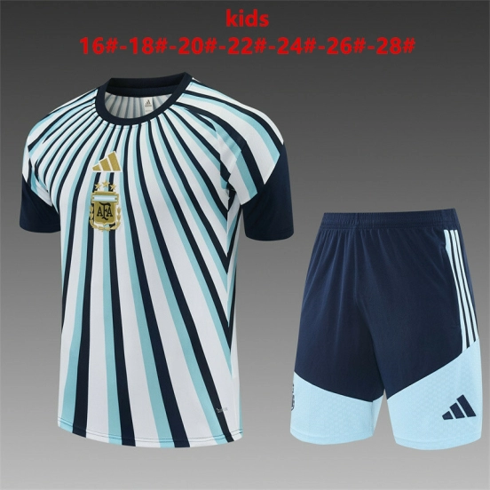 2026 Kids  Argentina White & Light Blue Radial Stripe Short Sleeve+Soccer Shorts