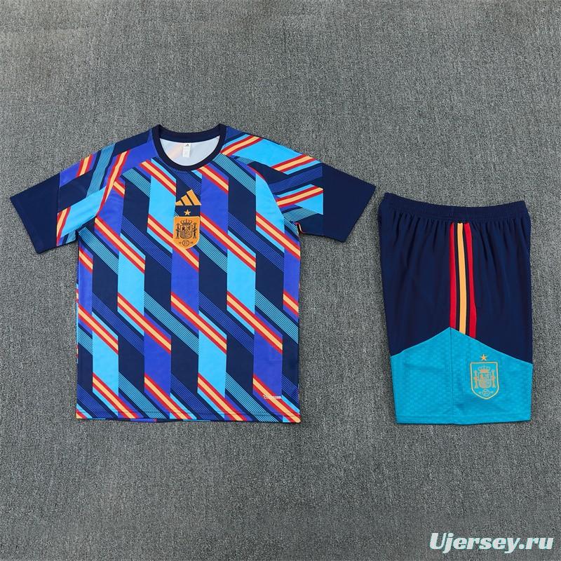 2026 Spain Navy Blue Multi-Color Diagonal Stripe Short Sleeve+Soccer Shorts