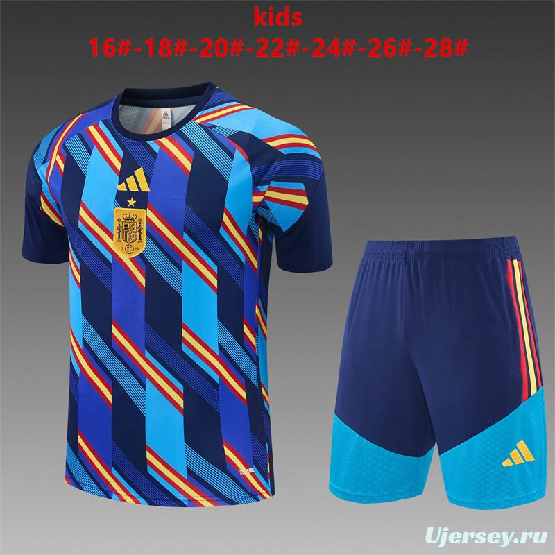 2026 Kids Spain Navy Blue Multi-Color Diagonal Stripe Short Sleeve+Soccer Shorts