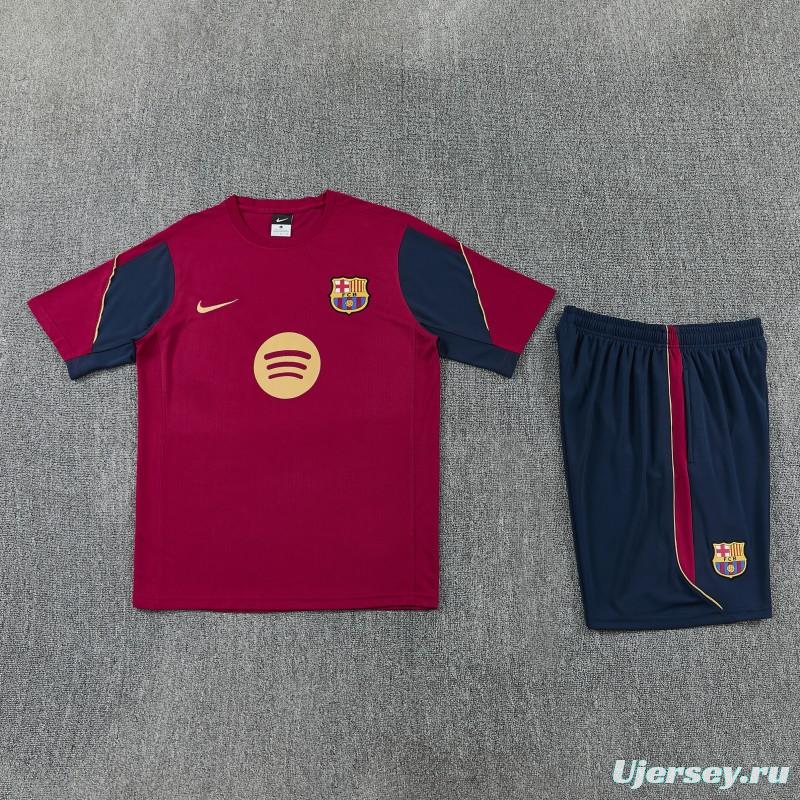 26/27 FC Barcelona Burgundy Red  Short Sleeve + Navy Blue Soccer Shorts