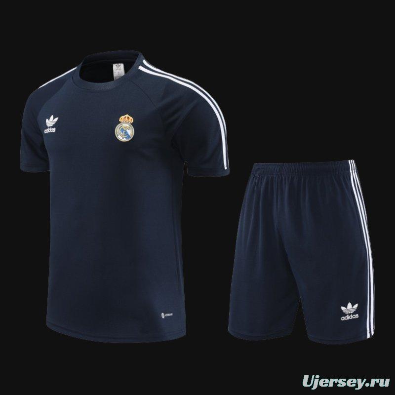 23/24 Adidas Originals Real Madrid Navy Cotton Short Sleeve Jersey+Shorts