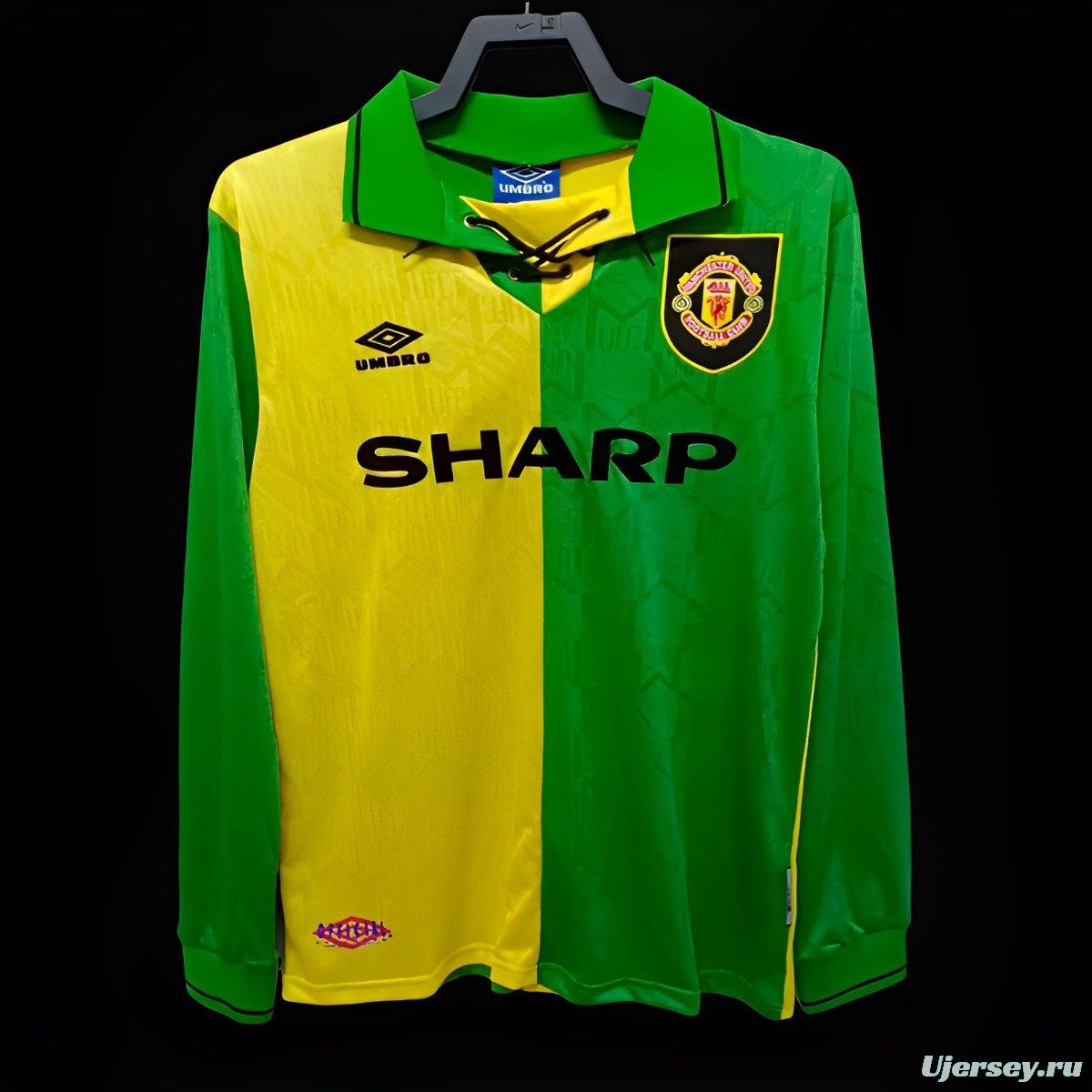 Retro 92/94 Manchester United Third Green/Yellow Long Sleeve Jersey